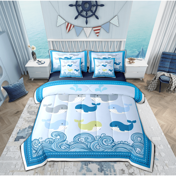 Manfei Kawaii Blue Whale Bedding Comforter Set 7 Pieces for Teen, Cartoon Ocean Waves Full Bedding Set, Cute Sealife Animal Reversible Fitted Sheet Flat Sheet, Breathable Home Decor
