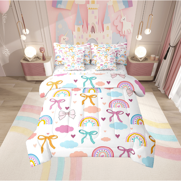 Manfei Kawaii Bow Bed in a Bag Twin Size,Rainbow Clouds Heart Bed Set,Ribbon Bowtie Bedding Twin Size For Princess,Microfiber Room Decoration Reversible,7 Pieces
