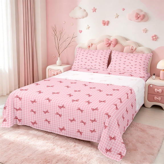 Manfei Kawaii Bow Bed Sheets Queen,Girls Bow Knot Bedding Queen Size,Pink Geometric Checkered Sheet Set Queen,Breathable Bedroom Decorative,4pcs
