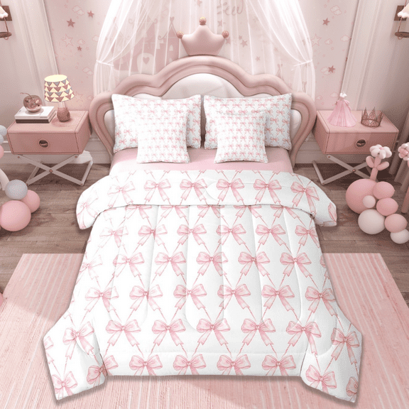 Manfei Kawaii Bow Bedding Comforter Set 7 Pieces,Girls Bow Knot Full Bedding Set,Pink White Fitted Sheet Flat Sheet,Breathable Bedroom Decorative,Reversible