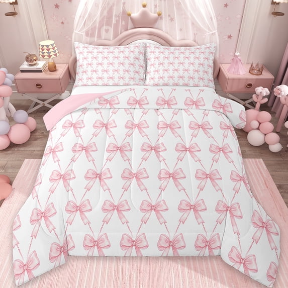 Manfei Kawaii Bow Bedding Comforter Set,Girls Bow Knot Twin Comforter Sets,Pink White Bedding Set,Breathable Bedroom Decorative Reversible,2pcs