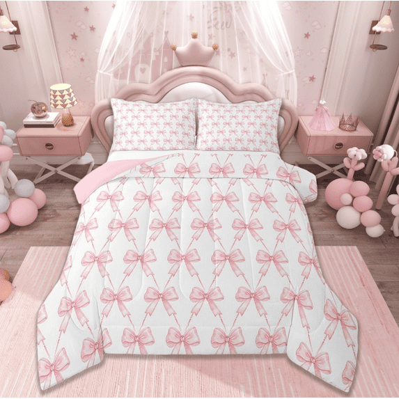 Manfei Kawaii Bow Bedding Comforter Set,Girls Bow Knot Twin Comforter Sets,Pink White Bedding Set,Breathable Bedroom Decorative Reversible,2pcs