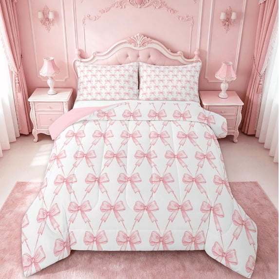Manfei Kawaii Bow Bedding Comforter Set,Girls Bow Knot Twin Comforter Sets,Pink White Bedding Set,Breathable Bedroom Decorative Reversible,2pcs
