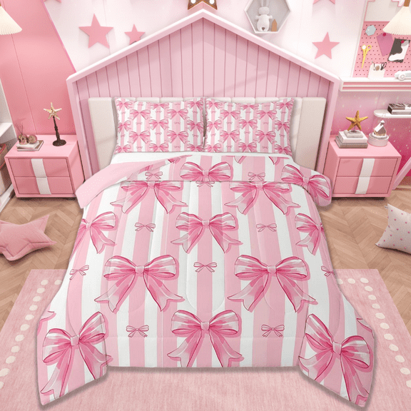 Manfei Kawaii Bow Bedding Comforter Set,Girls Bow Knot Twin Comforter Sets,Pink White Stripes Bedding Set,Breathable Bedroom Decorative Reversible,2-Piece