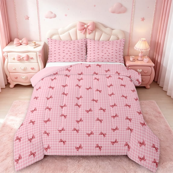 Manfei Kawaii Bow Bedding Sets Twin with Comforter,Girls Bow Knot Duvet Insert,Pink Geometric Checkered Comforter Sets Twin Size,Breathable Bedroom Decorative Reversible,2pcs