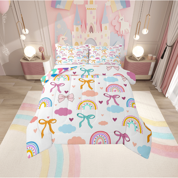 Manfei Kawaii Bow Bedding Sets Twin with Comforter,Rainbow Clouds Heart Duvet Insert,Ribbon Bowtie Comforter Sets Twin Size For Princess,Microfiber Room Decoration Reversible,3pcs