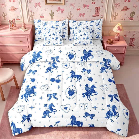 Manfei Kawaii Bow Berry King Bedding 7pcs,Western Cowgirl King Bed in a Bag,White Navy