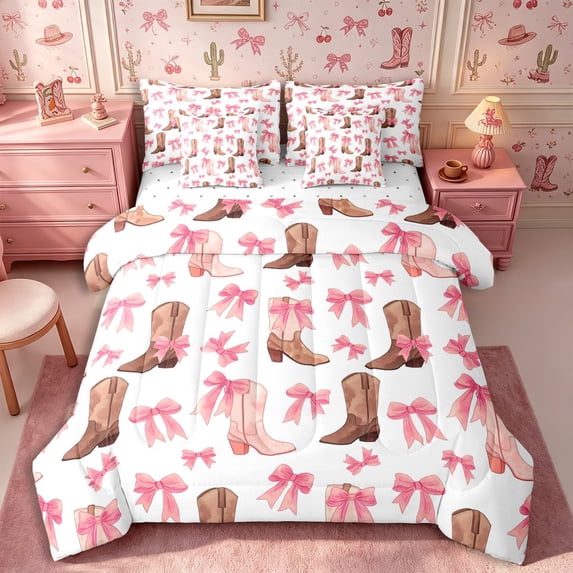 Manfei Kawaii Bow Boots Full Size Bedding Sets 7 Pieces,Western Cowgirl Full Size Bed in a Bag,White Pink
