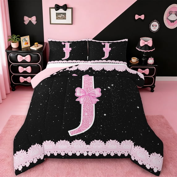 Manfei Kawaii Bow Bowknot Queen Comforter Set,Pink Sequin Print Bedding Sets,First Letter J Bedding Comforter Set For Girls,Super Cozy Room Decor Reversible,3pcs