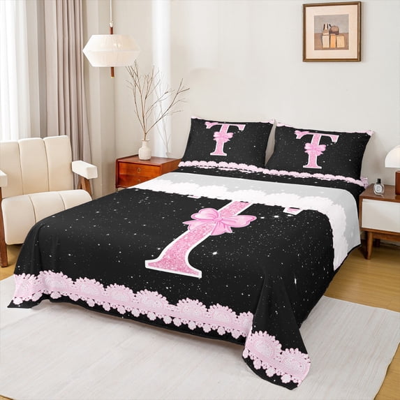 Manfei Kawaii Bow Bowknot Queen Sets,Pink Sequin Print Flat Sheets,First Letter T Fitted Sheet For Girls,Super Cozy Room Decor,4-Piece
