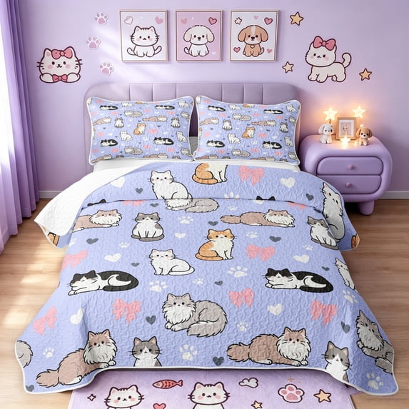 Manfei Kawaii Bow Cat Quilt Full, Cute Love Heart Full Bedspread Sets, Blue Purple, 3-Piece, 1 Coverlet and 2 Pillowcases