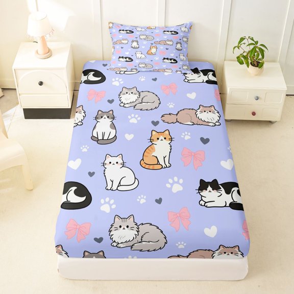 Manfei Kawaii Bow Cat Twin Fitted Sheet, Cute Love Heart Bedding, Blue Purple, 2-Piece, 1 Fitted Sheet and 1 Pillowcase