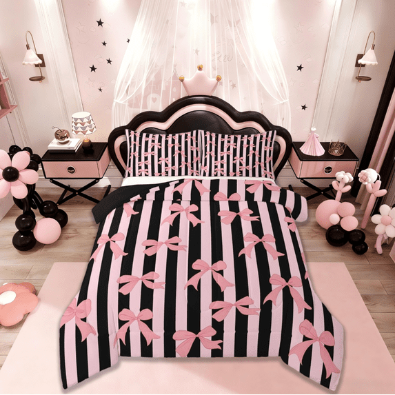 Manfei Kawaii Bow Comforter Sets Twin Size,Pink Black Lines Comforters & Duvets,Ribbon Bowtie Bedding Twin Comforter Set For Princess,Microfiber Room Decoration Reversible,2-Piece