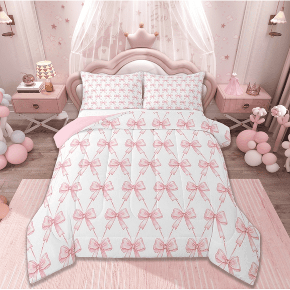 Manfei Kawaii Bow Full Size Comforter Sets,Girls Bow Knot Bedding Comforter Set,Pink White Bedding Sets,Breathable Bedroom Decorative Reversible,3-Piece