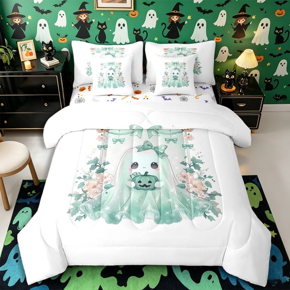 Manfei Kawaii Bow Ghost Queen Bedding 7pcs, Happy Halloween Floral Pumpkin Bedding Comforter Set Queen, Green White Pink,Reversible