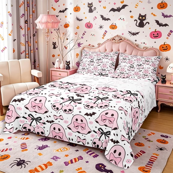 Manfei Kawaii Bow Ghost Queen Sheets 4 Pieces, Halloween Skull Cherry Bat Queen Sheet Sets, White Pink Black,1 Fitted Sheet, 1 Flat Sheet and 2 Pillowcases