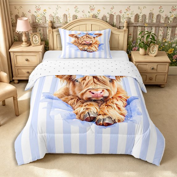 Manfei Kawaii Bow Highland Cattle Twin Comforter Sets 2pcs,Minimalist Stripes Bedding Set,White Light Blue,1 Comforter and 1 Pillowcase,Reversible