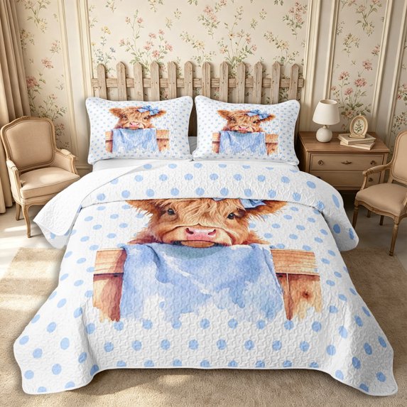 Manfei Kawaii Bow Highland Cow Quilt Full 3-Piece,Cute Polka Dots Full Bedspread Sets,Light Blue,1 Coverlet and 2 Pillowcases