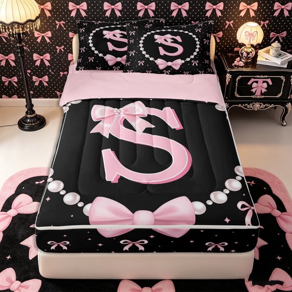 Manfei Kawaii Bow Initial S Zipper Twin Comforter Sets with Fitted Sheet and 2 Pillowcases for Girls,Cartoon Pearl Bowknot Alphabet Zipper Bedding Set,4-Piece,Pink Reversible
