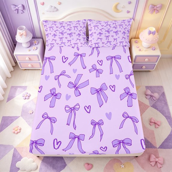 Manfei Kawaii Bow Knot Fitted Sheet Full,Purple Dreamy Bowtie Bed Set,3-Piece,1 Fitted Sheet and 2 Pillowcases