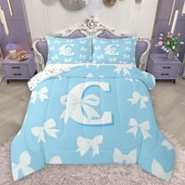 Manfei Kawaii Bow Letter C Bedding Comforter Set for Girl, Blue Cartoon Monogrammed Twin Comforter Sets, Cute Princess Bow-tie Reversible Bedding Set, Microfiber Bedroom Decor, 2 Pieces