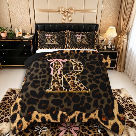 Manfei Kawaii Bow Letter R Monogrammed Full Size Comforter Sets 3 Pieces for Teens Girls,Vintage Cheetah Print Alphabet Bedding Sets for Female,Black Reversible,Super Cozy Room Decor