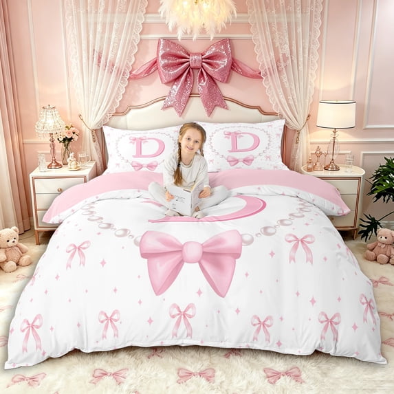 Manfei Kawaii Bow Pearl Letter D Monogrammed Queen Duvet Cover Set for Girls Female,Dreamy Princess Bowknot Bedding for Kids Teens,Pink Reversible,Super Cozy Room Decor,3 Pieces,No Comforter