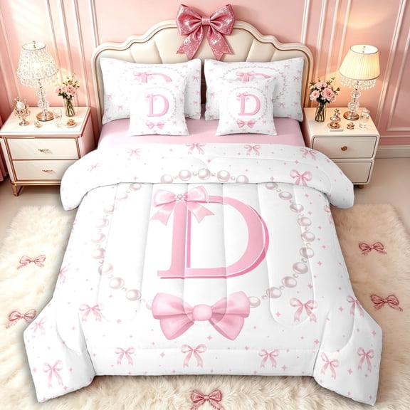 Manfei Kawaii Bow Pearl Letter D Monogrammed Twin Bedding Sets 7-Piece for Girls Female,Dreamy Princess Bowknot Bedding Comforter Set for Kids Teens,Pink Reversible,Super Cozy Room Decor
