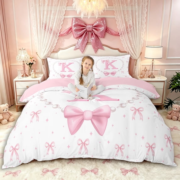 Manfei Kawaii Bow Pearl Letter K Monogrammed Duvet Cover Set for Girls Female,Dreamy Princess Bowknot Bedding Full for Kids Teens,Pink Reversible,Luxury Bedroom Decor,3-Piece,No Comforter
