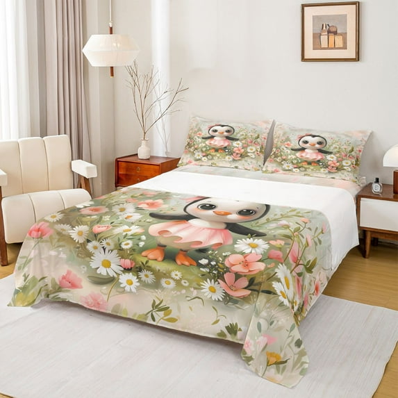 Manfei Kawaii Bow Penguin 4pcs Bed Sheets for Teens Children Kids,Chic Flower Daisy King Sheets,Spring Graden Super Cozy Sheet Set,Ultra Soft Home Decor