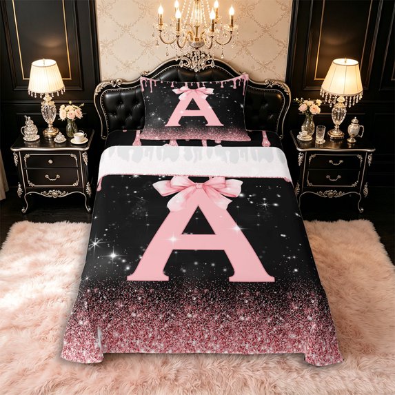 Manfei Kawaii Bow Personalized Initial A Twin Sheet Sets 3pcs for Girls,Gradient Glitter Print Bedding for Kids Teens,Ultra Soft Home Decor