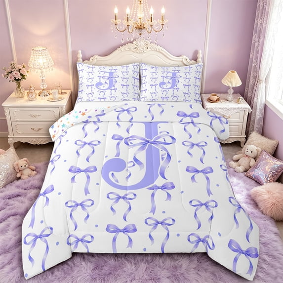 Manfei Kawaii Bow Personalized Initial J Full Size Comforter Sets 3 Pieces for Girls,Polka Dots Bowknot Alphabet Bedding Sets for Kids Teens,Ultra Soft Home Decor