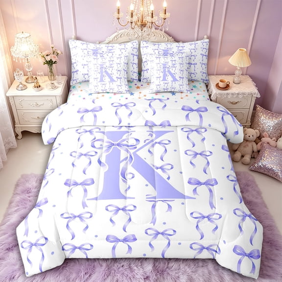 Manfei Kawaii Bow Personalized Initial K Bedding Comforter Set 7pcs,Polka Dots Bowknot Alphabet Queen Bedding Sets,Lightweight Room Decor