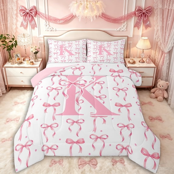 Manfei Kawaii Bow Personalized Initial K Queen Comforter Set 3pcs for Girls,Vintage Polka Dots Bowknot Bedding Comforter Set for Kids Teens,Pink Reversible,Microfiber Bedroom Decor