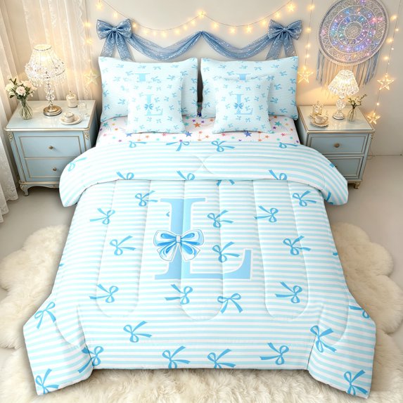 Manfei Kawaii Bow Personalized Initial L Bedding Comforter Set 7 Pieces for Girls,Blue Geometric Stripes Full Bedding Set for Kids Teens,Ultra Soft Home Decor