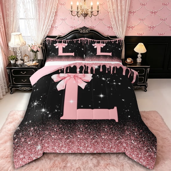 Manfei Kawaii Bow Personalized Initial L Queen Comforter Set 3pcs for Girls,Gradient Glitter Print Bedding Comforter Set for Kids Teens,Pink Reversible,Microfiber Bedroom Decor