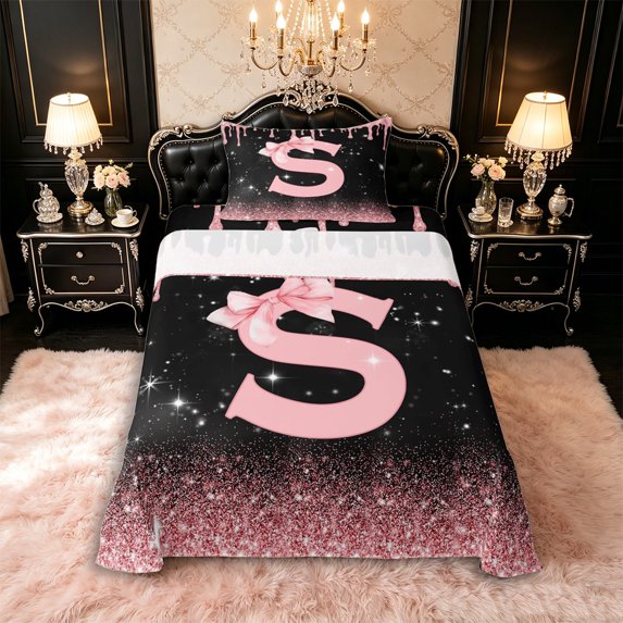 Manfei Kawaii Bow Personalized Initial S Twin Sheet Sets 3pcs for Girls,Gradient Glitter Print Bedding for Kids Teens,Ultra Soft Home Decor