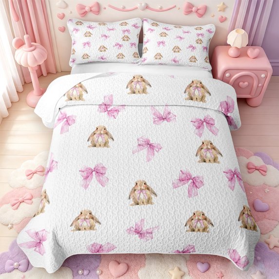 Manfei Kawaii Bow Rabbit Quilt Full,Cartoon Animal Full Bedspread Sets,3-Piece,1 Coverlet and 2 Pillowcases