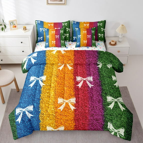 Manfei Kawaii Bow Tie 7-Piece Twin Bedding Sets,Colorful Geometric Lines Bedding Comforter Set,Princess Bowknot Bowtie Sheet Sets For Girl,Breathable Home Decor Reversible