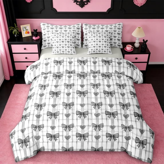 Manfei Kawaii Bow Tie 7-Piece Twin Bedding Sets,Princess Bowknot Bow Bedding Comforter Set,Black Loves Pattern Sheet Sets For Girl Kids,Luxury Bedroom Decor Reversible