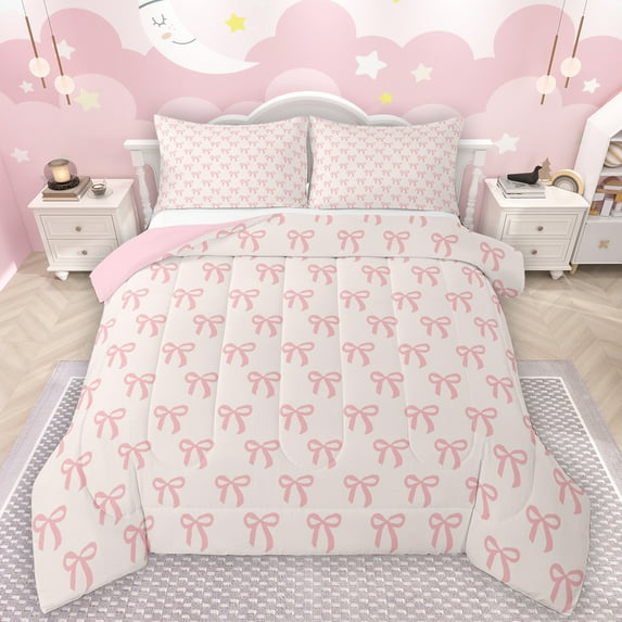 Manfei Kawaii Bow Tie Bedding Comforter Set,Cartoon Bowknot Ribbon Twin Comforter Sets,Girls Pink Bowtie Bedding Set For Kids,Super Cozy Room Decor Reversible,2 Pieces
