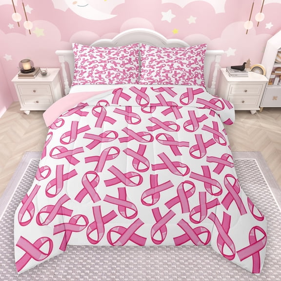 Manfei Kawaii Bow Ribbon Twin Comforter Set (2-Piece) Pink White Cozy Reversible Decor For Girls