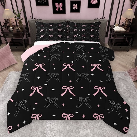 Manfei Kawaii Bow Tie Bedding Comforter Set,Cute Bowknot Ribbon Twin Comforter Sets,Rhombus Stars Pattern Bedding Set For Girls Teens,Breathable Home Decor Reversible,2pcs