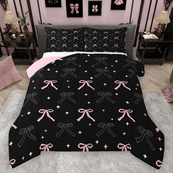 Manfei Kawaii Bow Tie Bedding Comforter Set,Cute Bowknot Ribbon Twin Comforter Sets,Rhombus Stars Pattern Bedding Set For Girls Teens,Breathable Home Decor Reversible,2pcs