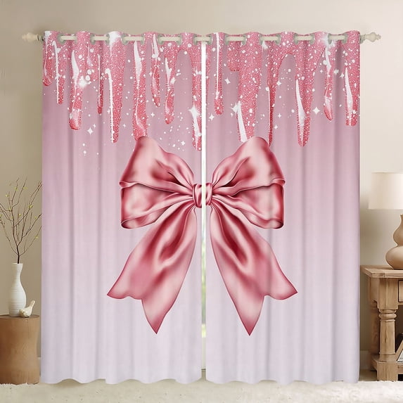 Manfei Kawaii Bow Tie Black Out Curtains,Cute Bowknot Ribbon Curtains Pack of 2 (42x63 Each),Pink Sequin Print Bedroom Curtains For Girls Teens,Breathable Home Decor