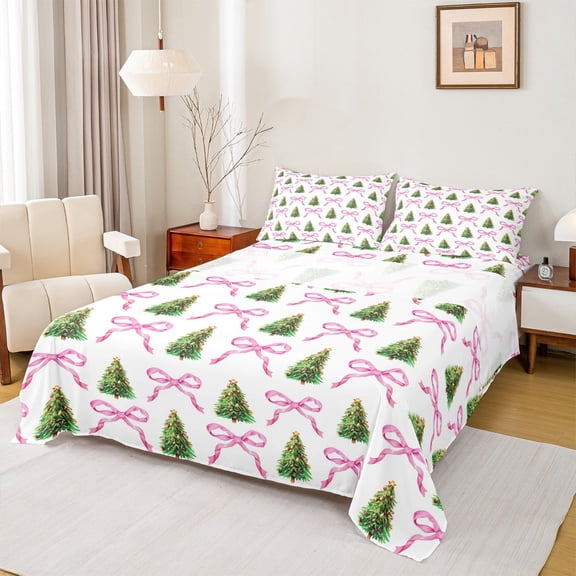 Manfei Kawaii Bow Tie Full Size Sheets,Chic Christmas Tree Bed Sheets,Green Pink Beige Sheet Sets For Boys Girl,Luxury Bedroom Decor,4pcs