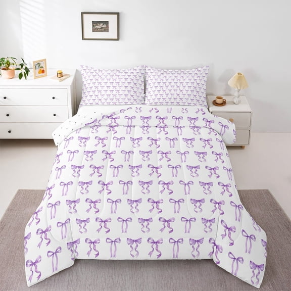 Manfei Kawaii Bow Tie Queen Comforter Set,Princess Bowknot Bow Bedding Sets,Purple White Bedding Comforter Set For Girl Kids,Luxury Bedroom Decor Reversible,3 Pieces