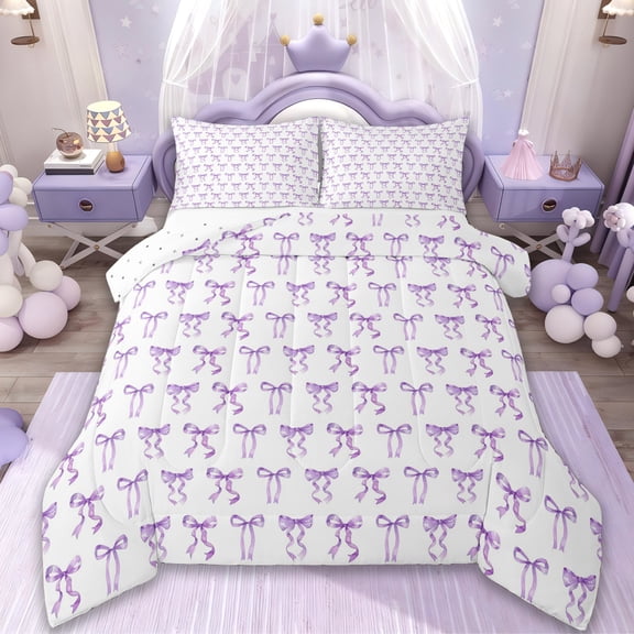 Manfei Kawaii Bow Tie Queen Comforter Set,Princess Bowknot Bow Bedding Sets,Purple White Bedding Comforter Set For Girl Kids,Luxury Bedroom Decor Reversible,3 Pieces