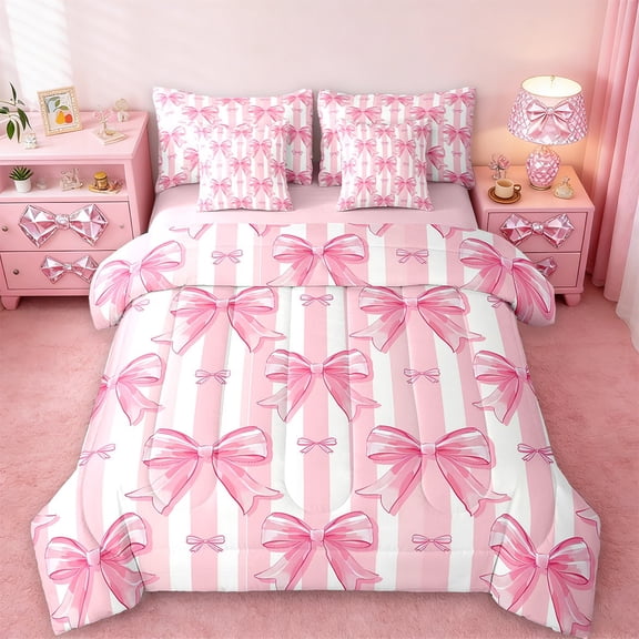 Manfei Kawaii Bow Twin Bedding Sets 7-Piece,Girls Bow Knot Bedding Comforter Set,Pink White Stripes Sheet Sets,Breathable Bedroom Decorative,Reversible