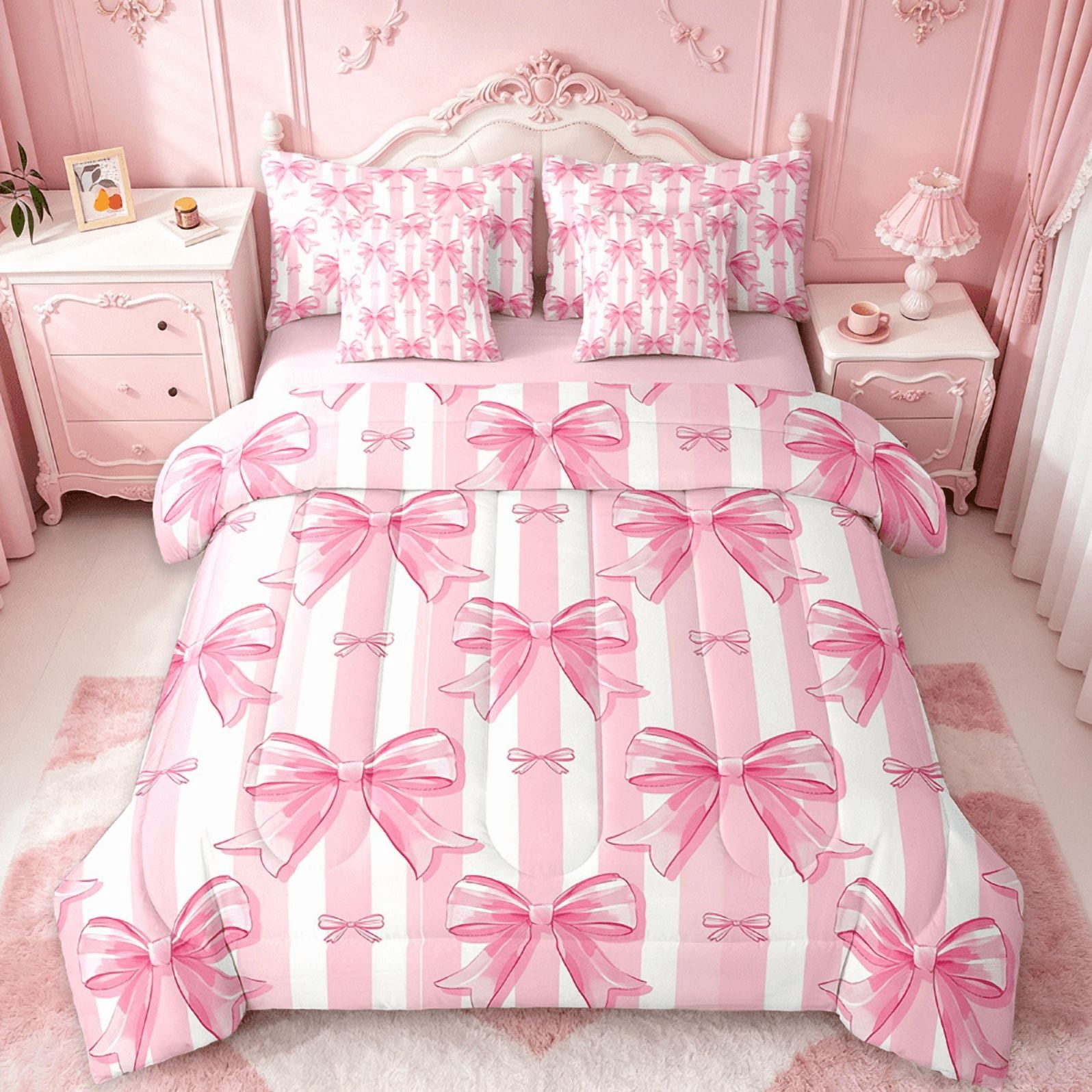 Manfei Kawaii Bow Twin Bedding Sets 7-Piece,Girls Bow Knot Bedding Comforter Set,Pink White Stripes Sheet Sets,Breathable Bedroom Decorative,Reversible